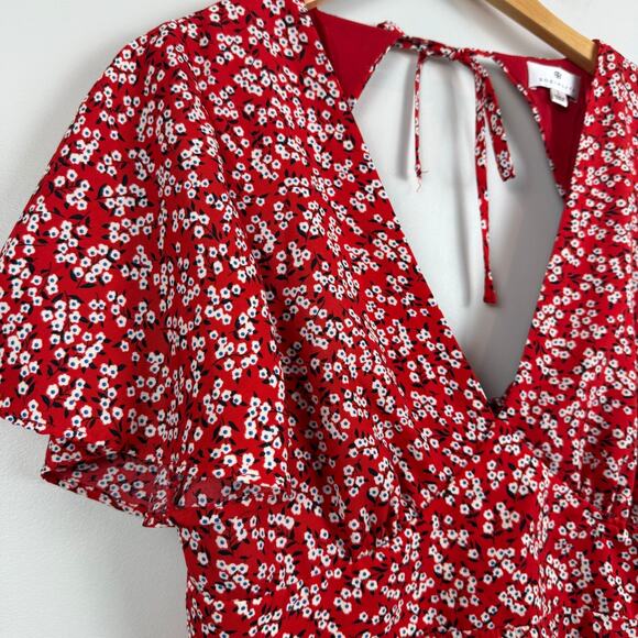 Socialite Mini Dress Womens Large Red White Floral Ditsy Cutout V-Neck Bohemian - Picture 4 of 10